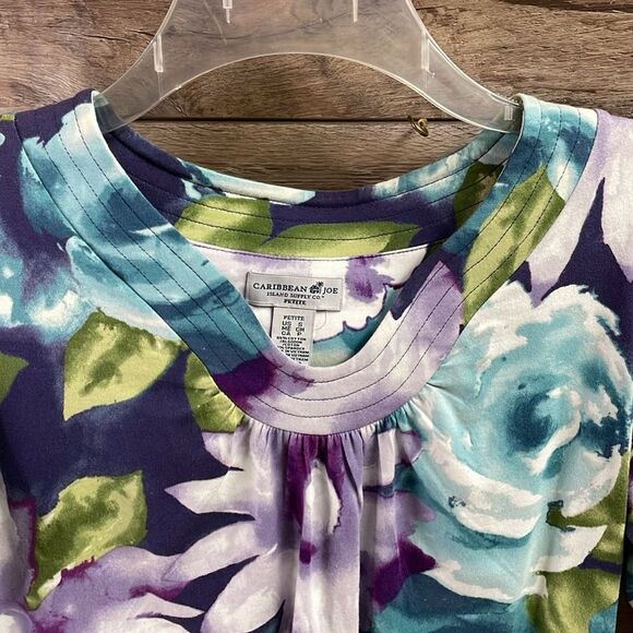 Caribbean Joe Ladies VNeck Floral Top, Size Petite Small, Purple,Teal White - Picture 7 of 7